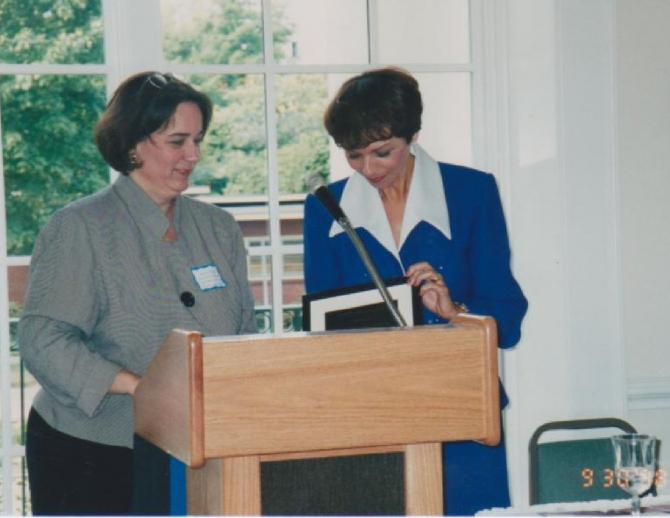 Velma Hendershott and Bobbi Ryder at the podium